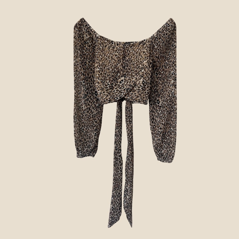 Japna Leopard Print Pleated Crop Top Long Sleeve Tie Waist Brown Tan Medium